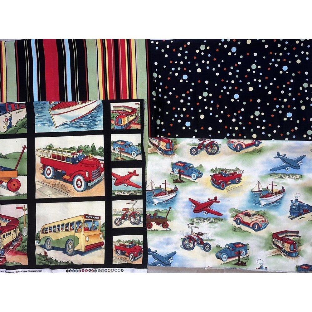 NEW 4 Pc Michael Miller Transportation Cotton Fabric Panel For Quilt 80x21 54x44